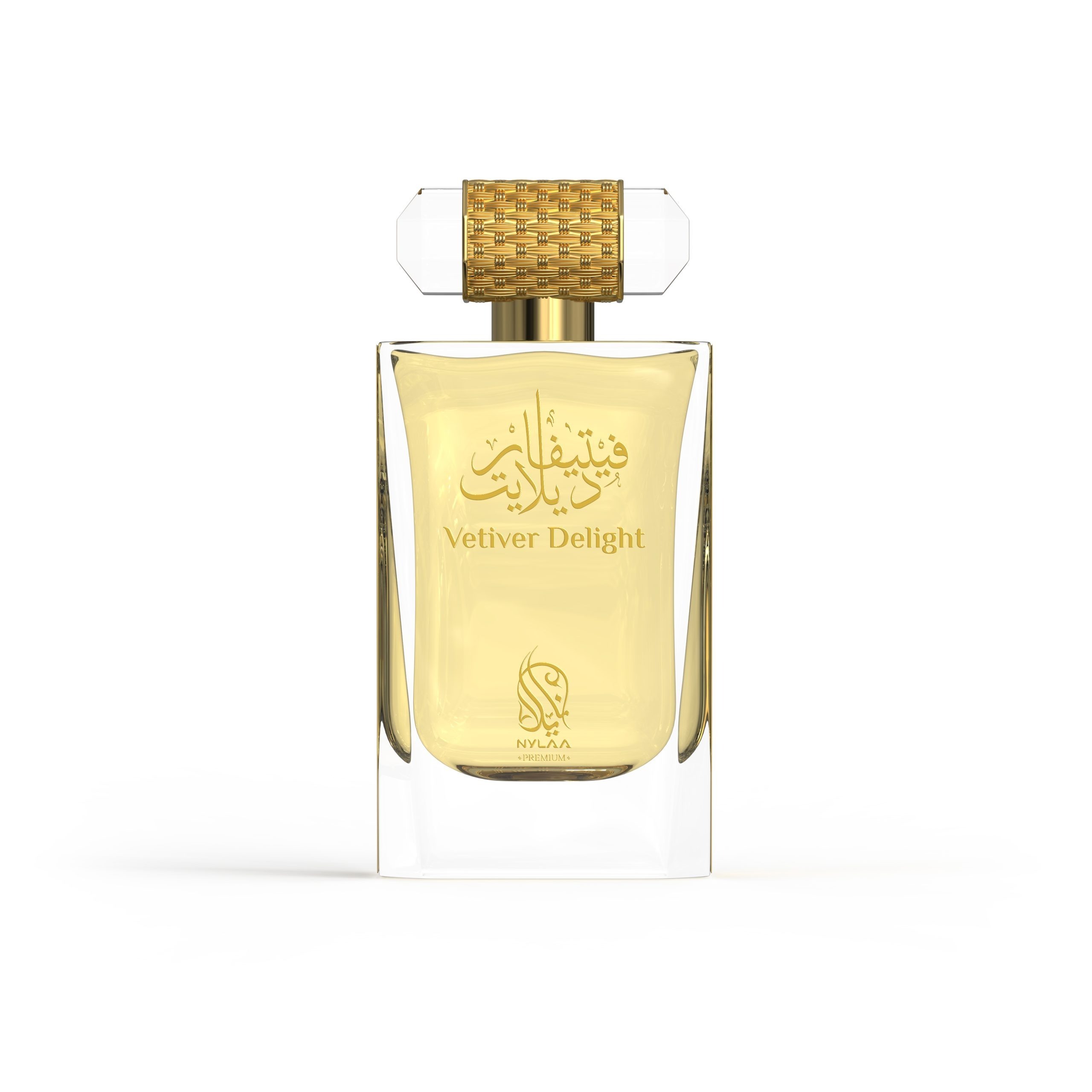 A golden perfume bottle from Nylaa by Savia Exclusive