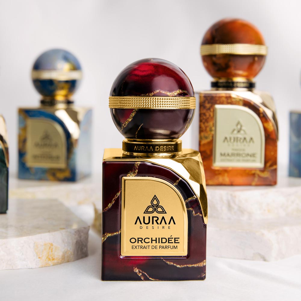 A maroon orchid inspired luxury perfume bottle by Savia Exclusive