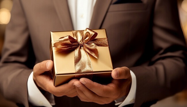 A man wearing a black suit holding a golden gift box