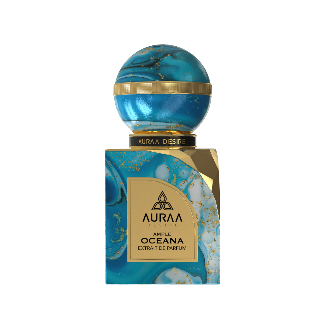 A blue & golden perfume bottle by Savia Exclusive with white background