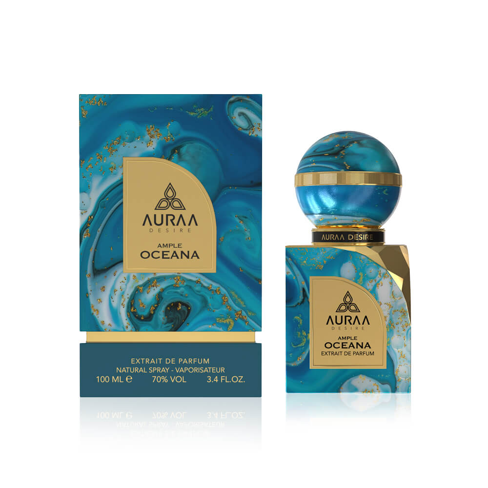 An ocean inspired perfume bottle with box from Auraa Desire by Savia Exclusive