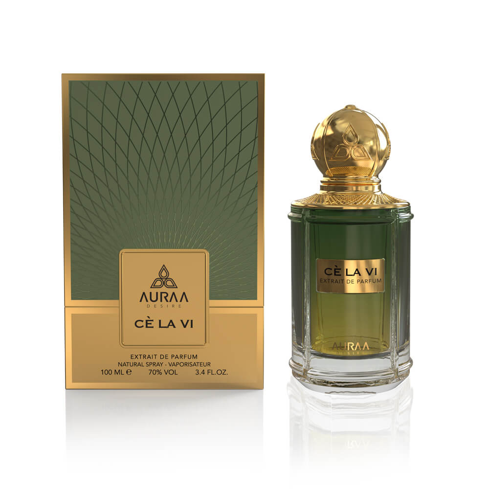 A green perfume bottle from Auraa Desire by Savia Exclusive with a box