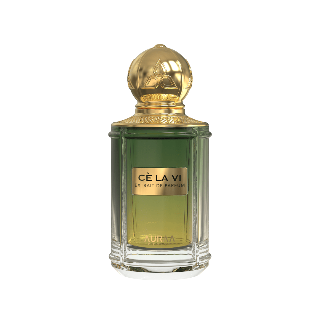 A green perfume bottle by Savia Exclusive with a golden cap & white background