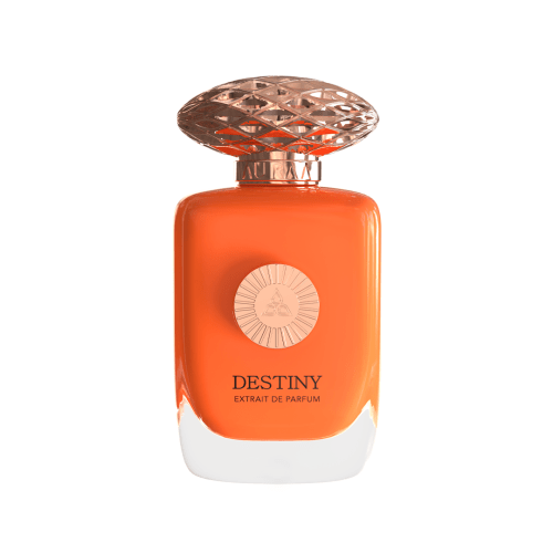 A bright orange perfume bottle by Savia Exclusive with white background