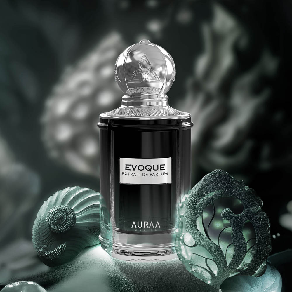 A black luxury perfume bottle by Savia Exclusive with pearls