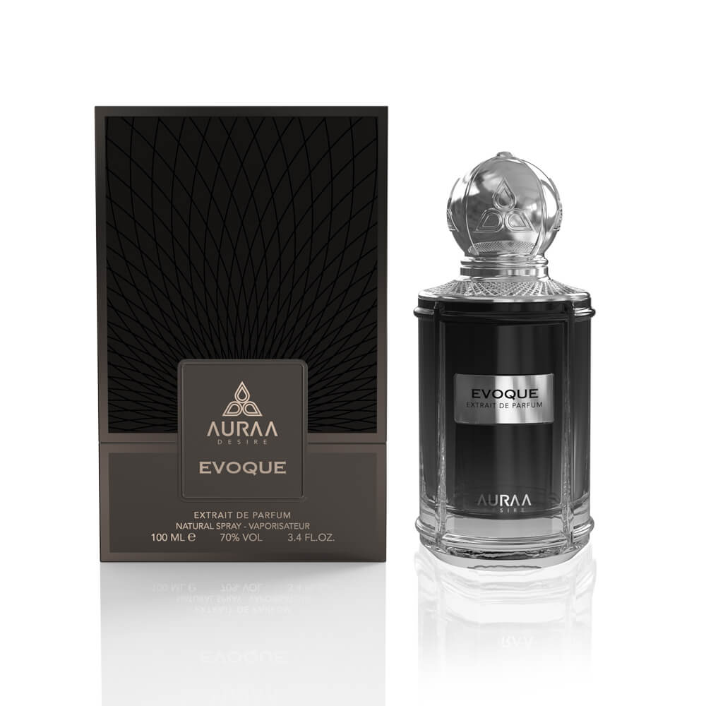 A black perfume bottle with box from Auraa Desire by Savia Exclusive