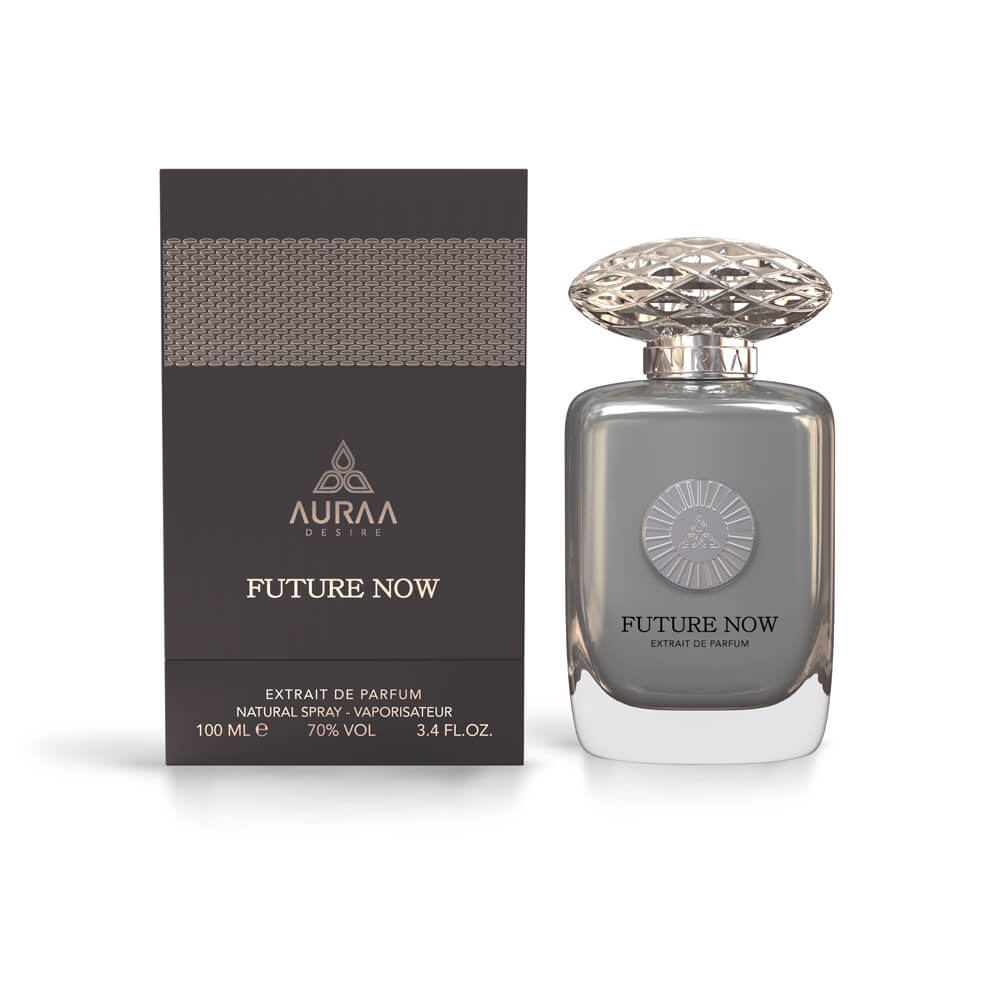 A grey & silver perfume bottle with box from Auraa Desire by Savia Exclusive