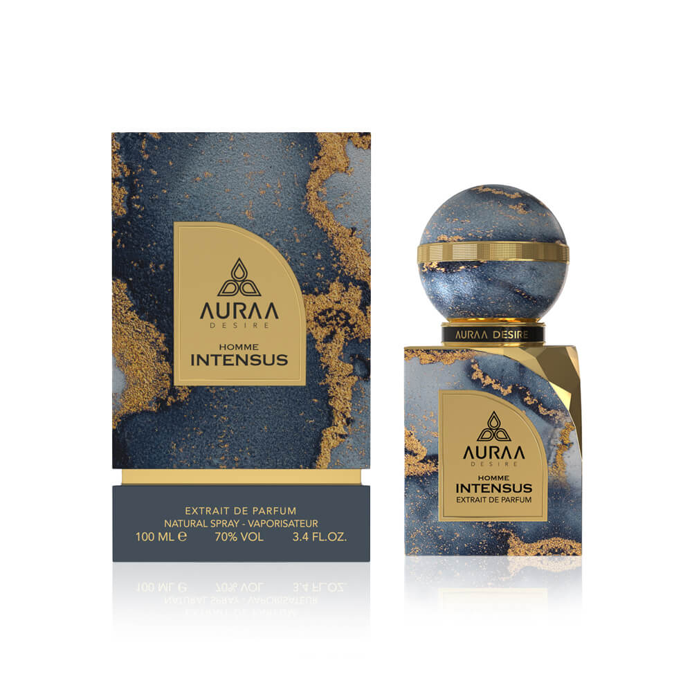 A blue perfume bottle with box from Auraa Desire by Savia Exclusive