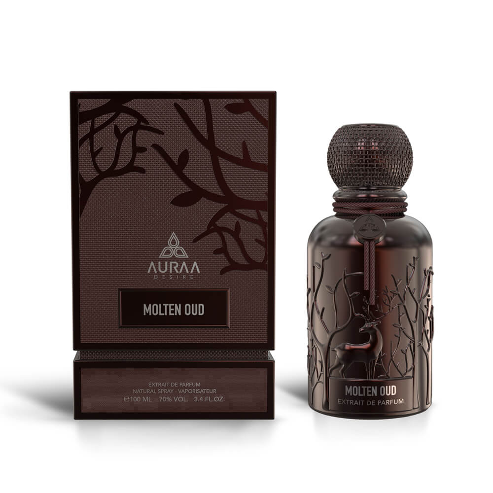 A dark brown oud inspired perfume bottle with box from Auraa Desire by Savia Exclusive