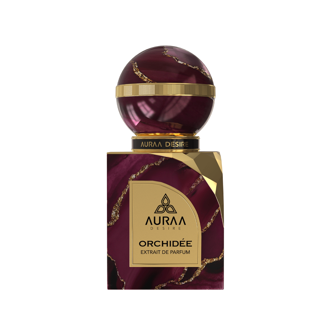 A maroon & golden perfume bottle by Savia Exclusive with white background