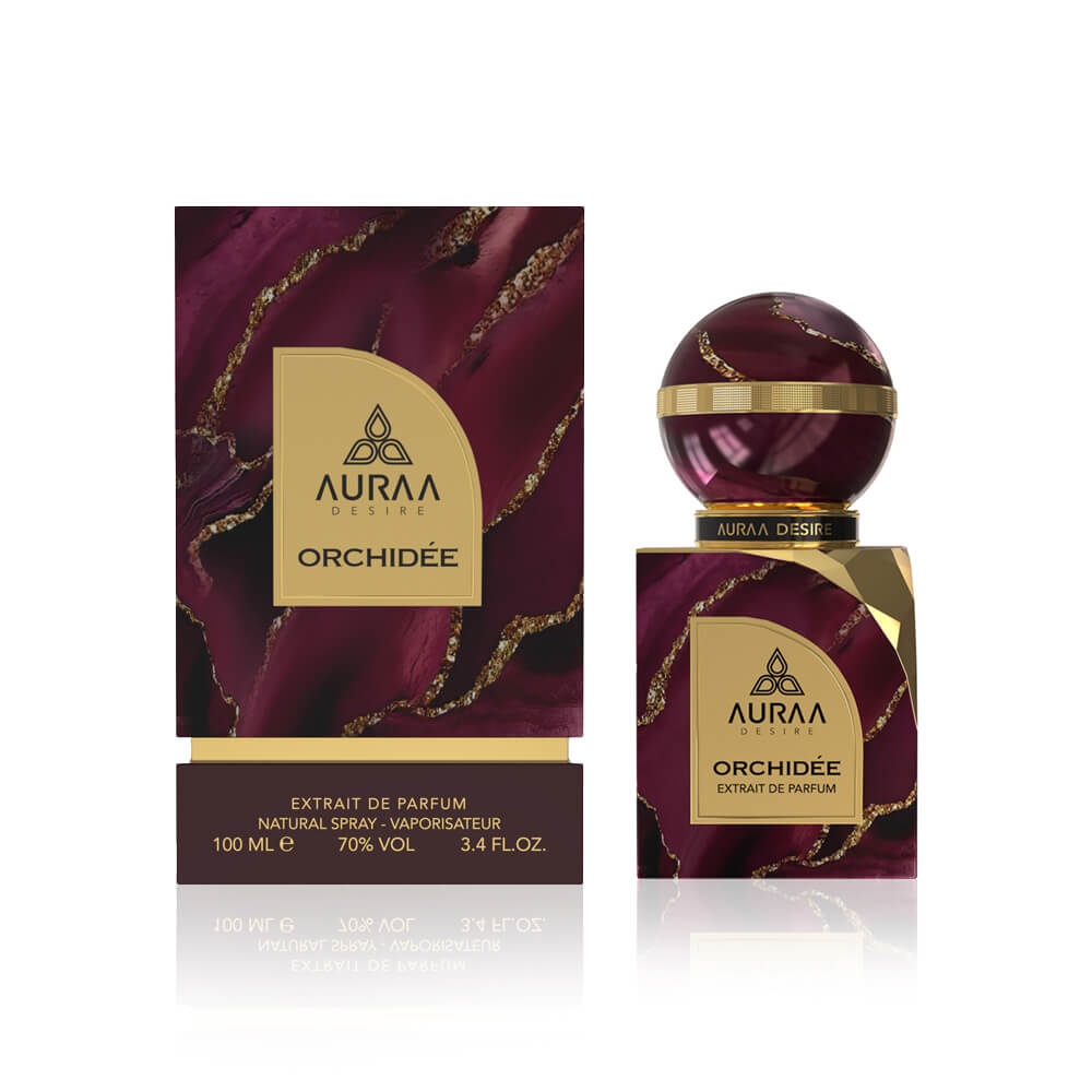 A burgandy & golden perfume bottle with box from Auraa Desire by Savia Exclusive