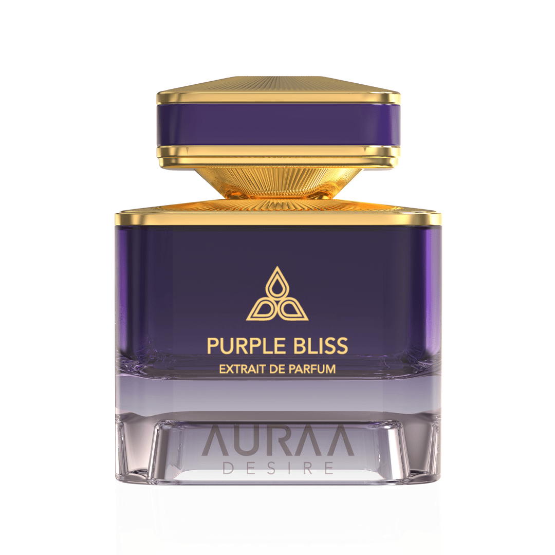 A purple & golden perfume bottle by Savia Exclusive with white background