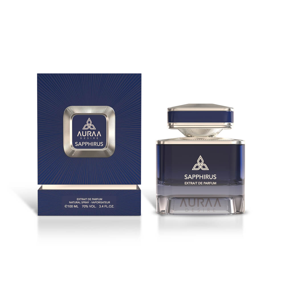 A blue perfume bottle with box from Auraa Desire by Savia Exclusive