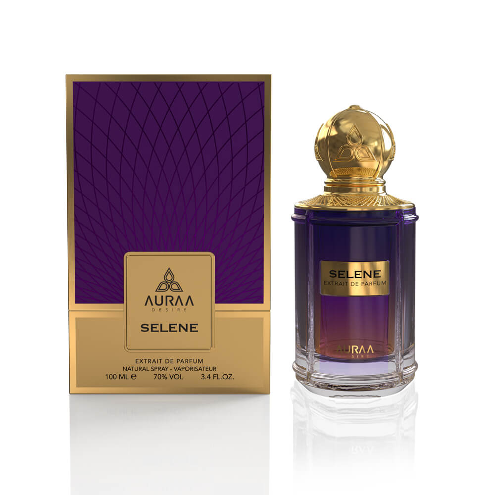 A purple perfume bottle from Auraa Desire by Savia Exclusive with a box