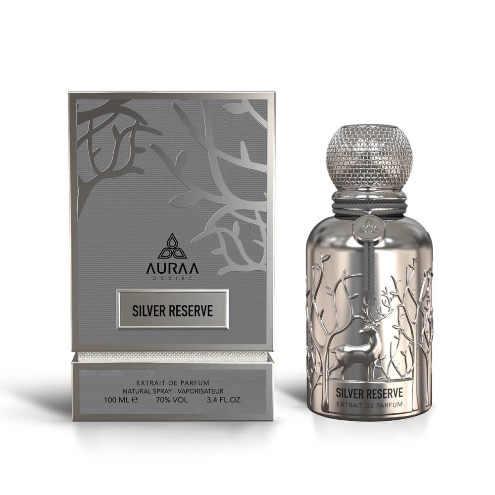 An silver oud inspired perfume bottle from Auraa Desire by Savia Exclusive