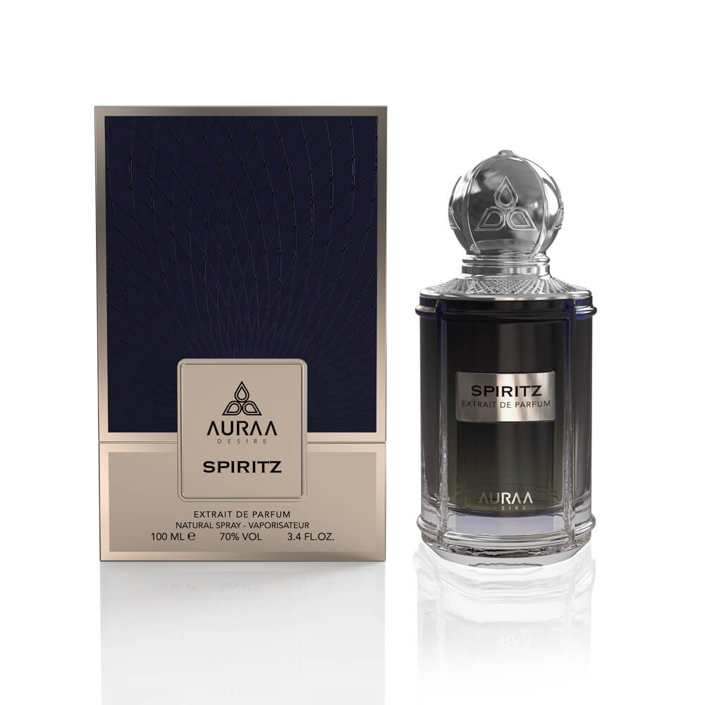 A black perfume bottle with box from Auraa Desire by Savia Exclusive