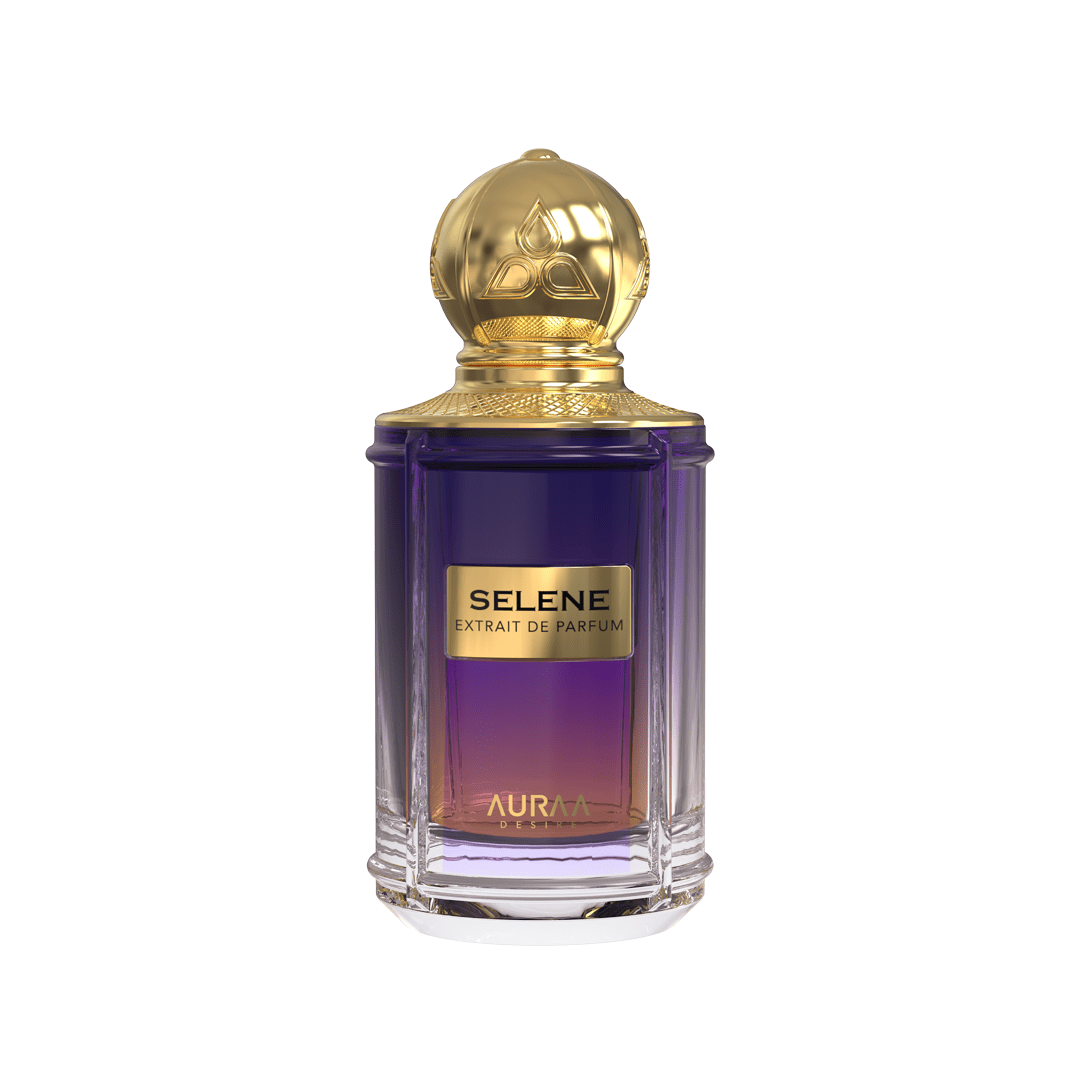 A purple perfume bottle by Savia Exclusive with a golden cap & white background