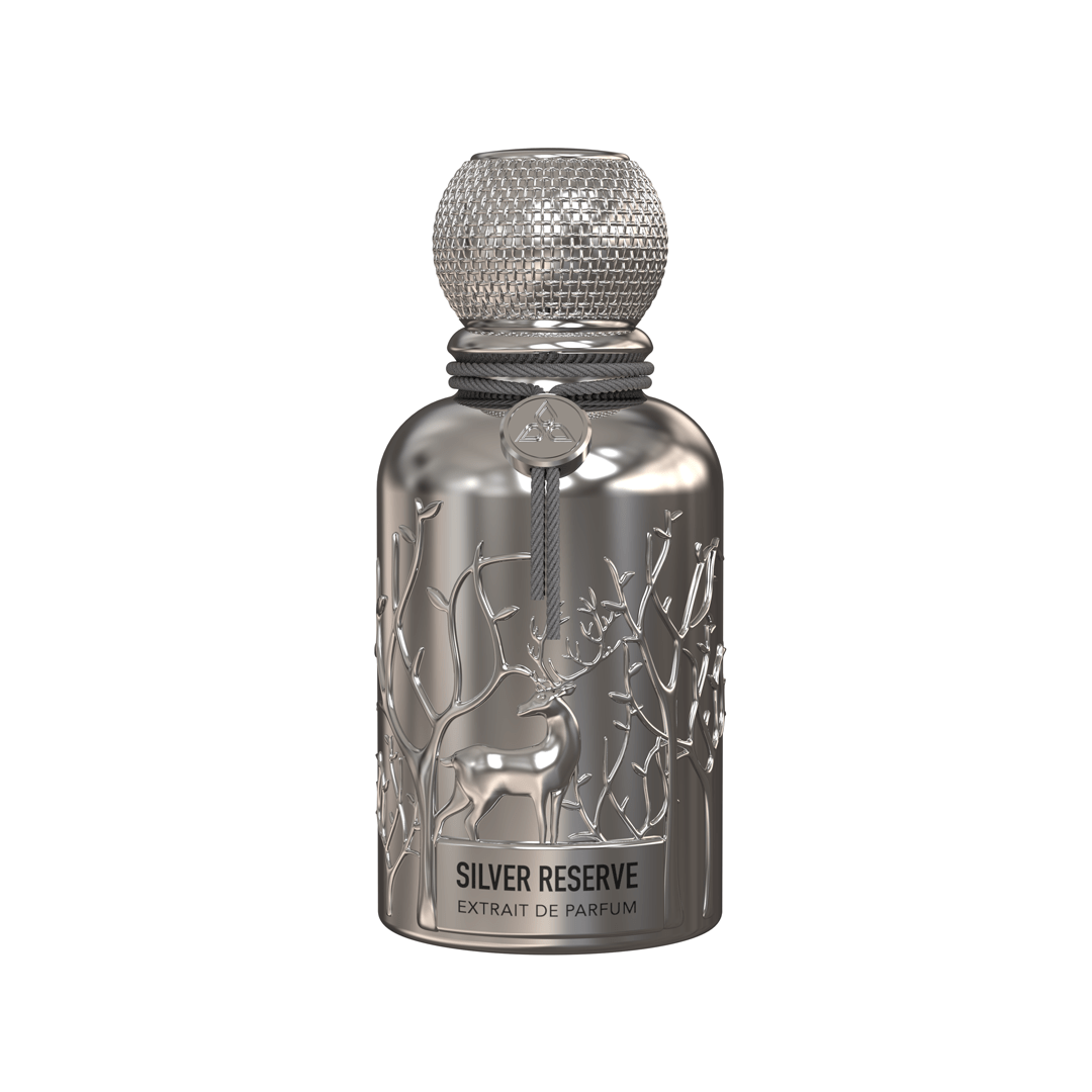 A silver perfume bottle by Savia Exclusive with white background