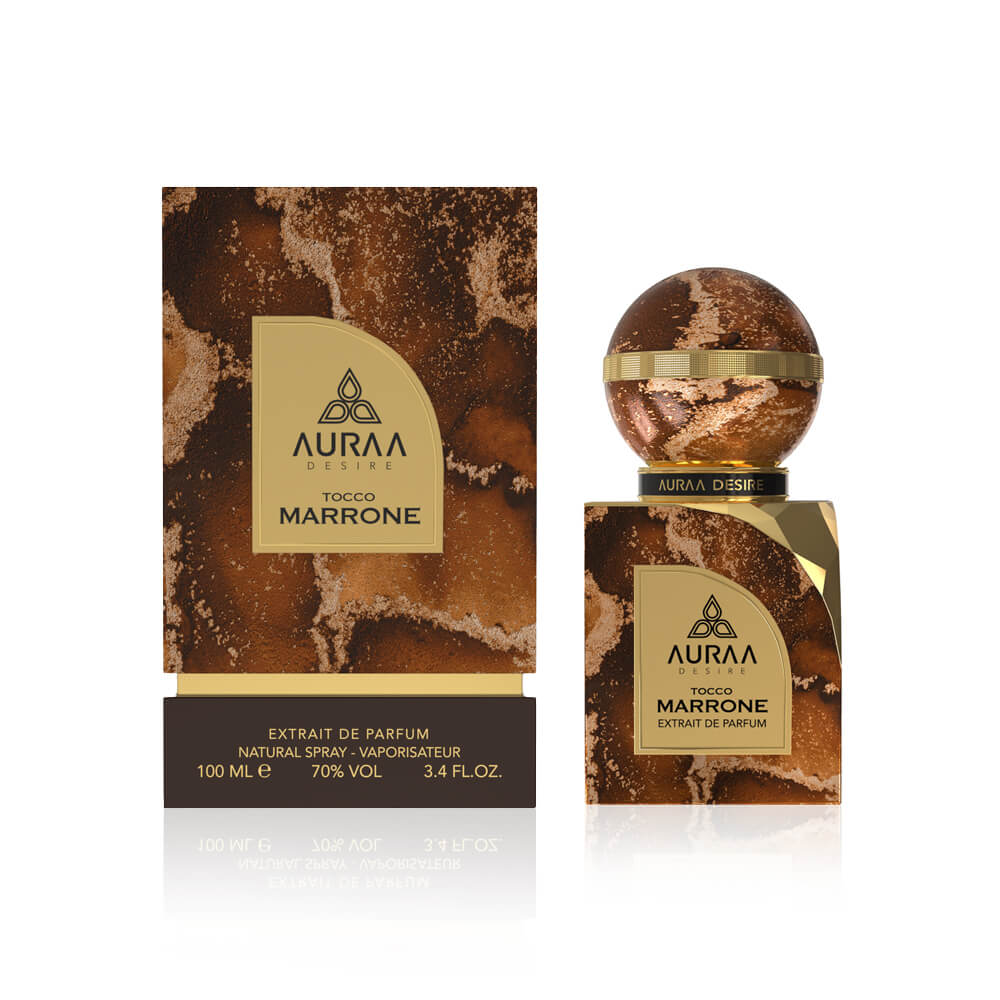 A light brown perfume bottle with box from Auraa Desire by Savia Exclusive