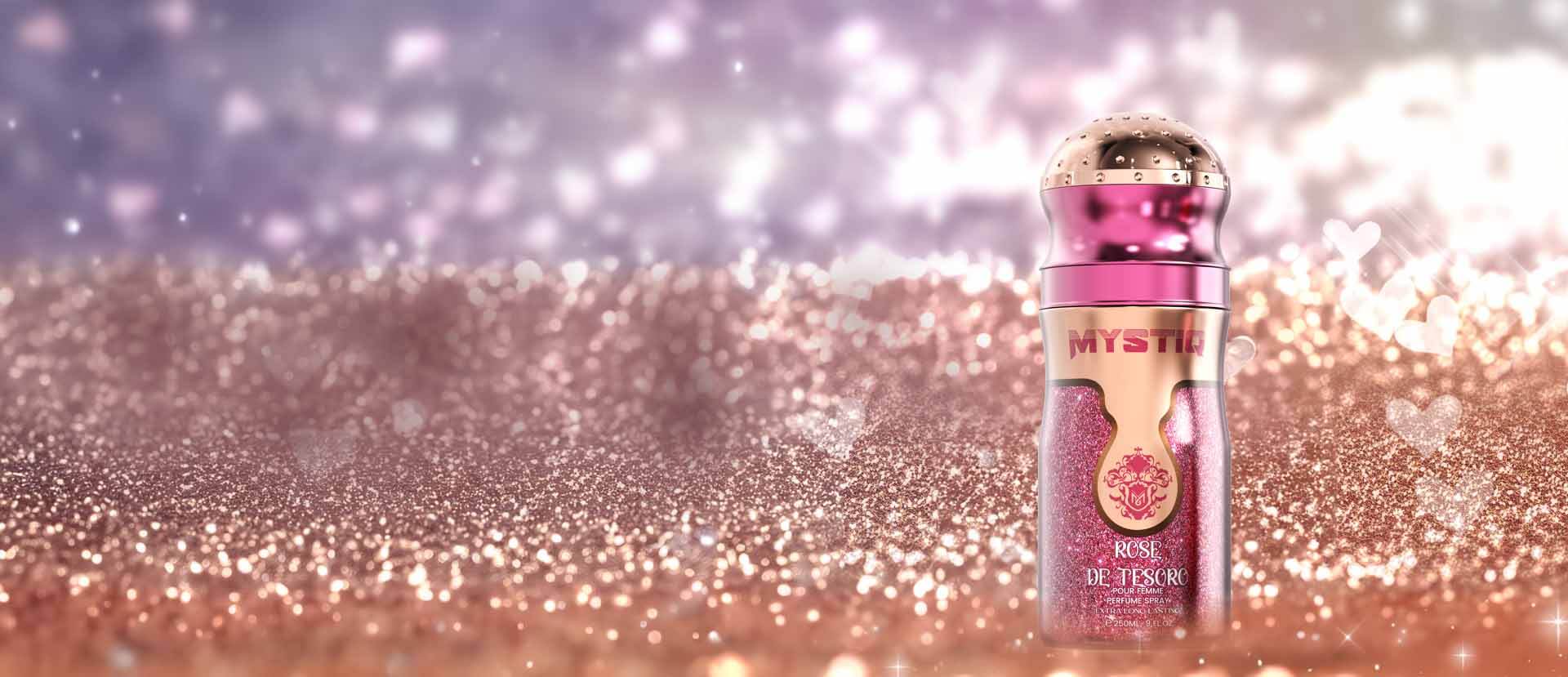 A pink rose body spray by Savia Exclusive with pink glitter background